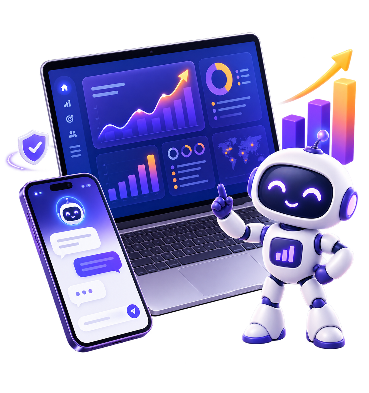 AI assistant, laptop analytics dashboard and chatbot mobile app
