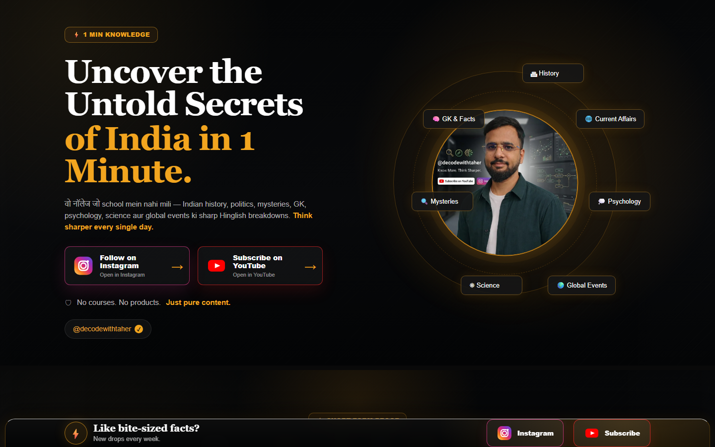 Decode with Taher knowledge creator landing page preview