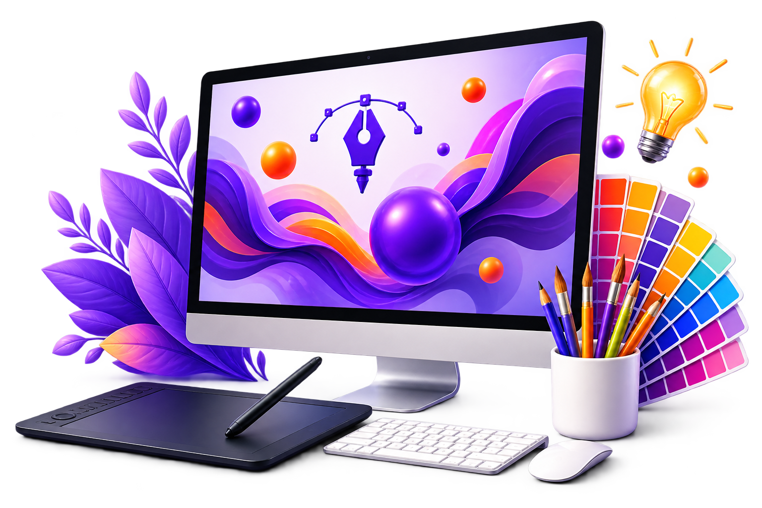 Premium graphic design workstation with monitor, drawing tablet, colour swatches and creative tools