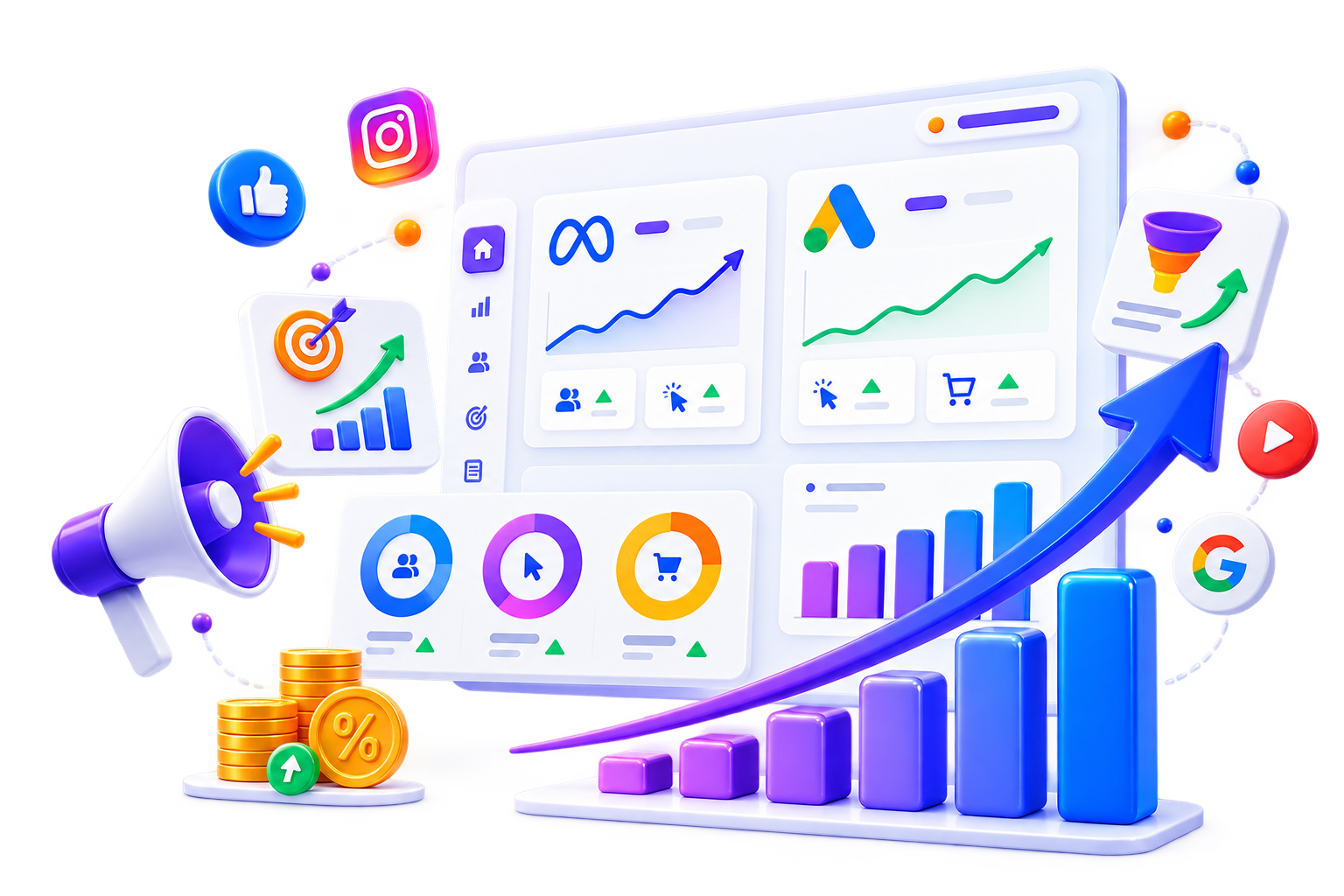 Premium paid advertising analytics dashboard and rising performance chart