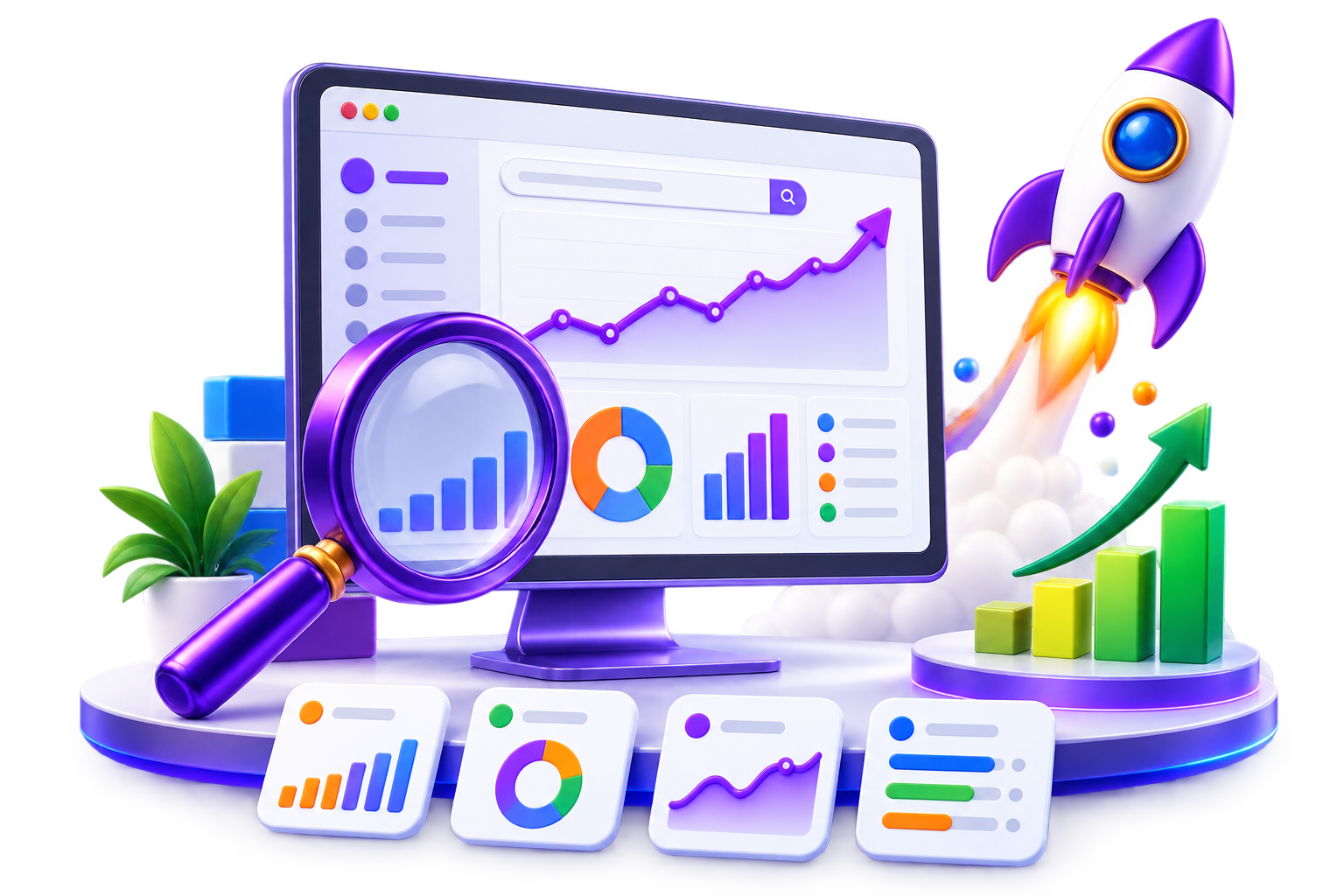 SEO analytics dashboard, magnifying glass, growth chart and rocket launch