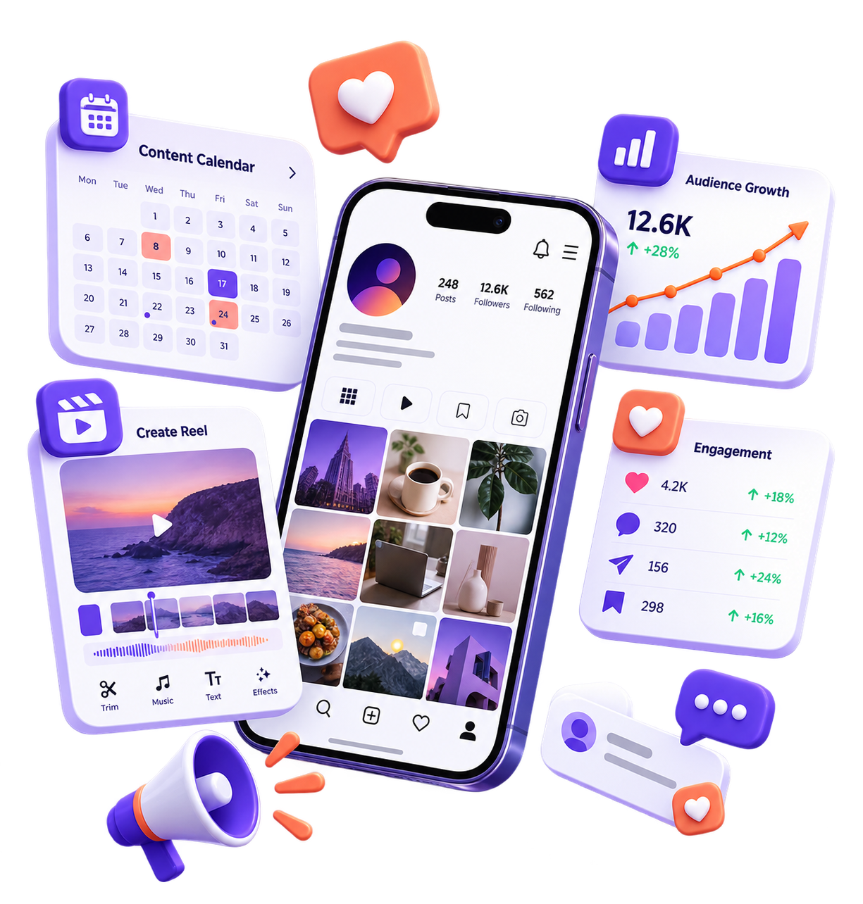 Floating phone with social media calendar, reel creation and analytics panels