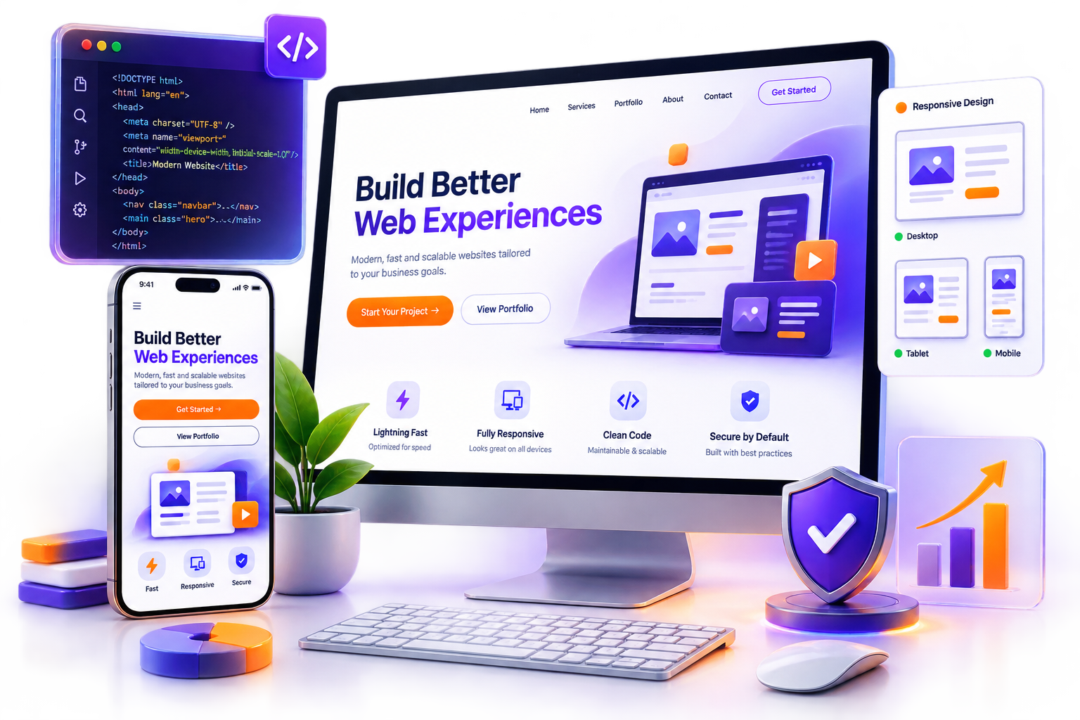 Premium responsive website development shown across desktop and mobile devices